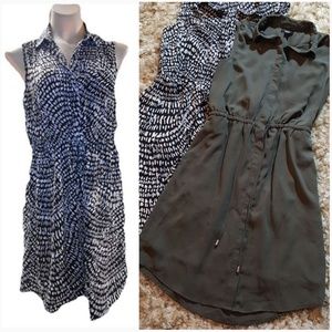 Sleeveless shirt dress: khaki or black/white print
